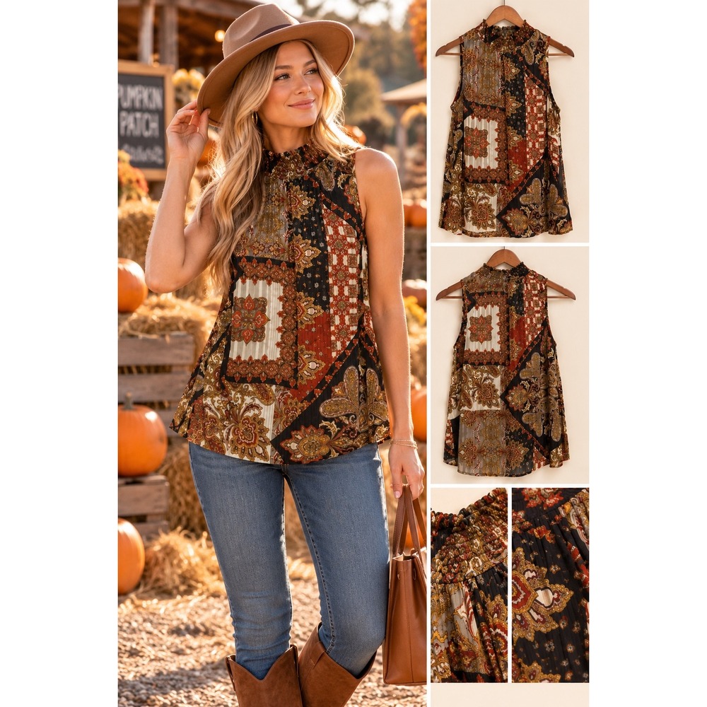 Fig and Flower Womens S Boho Paisley Patchwork Mock Neck Sleeveless Blouse